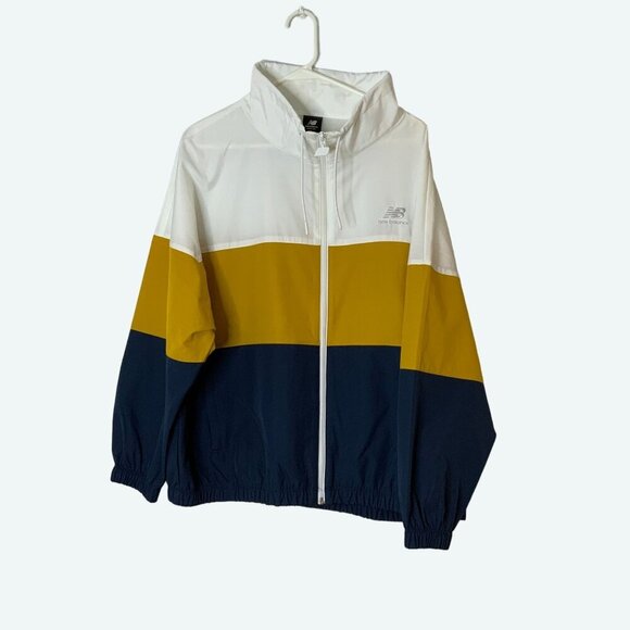 New Balance Color Block‎ Windbreaker Jacket White Yellow Blue Full Zip Front L - Picture 1 of 9